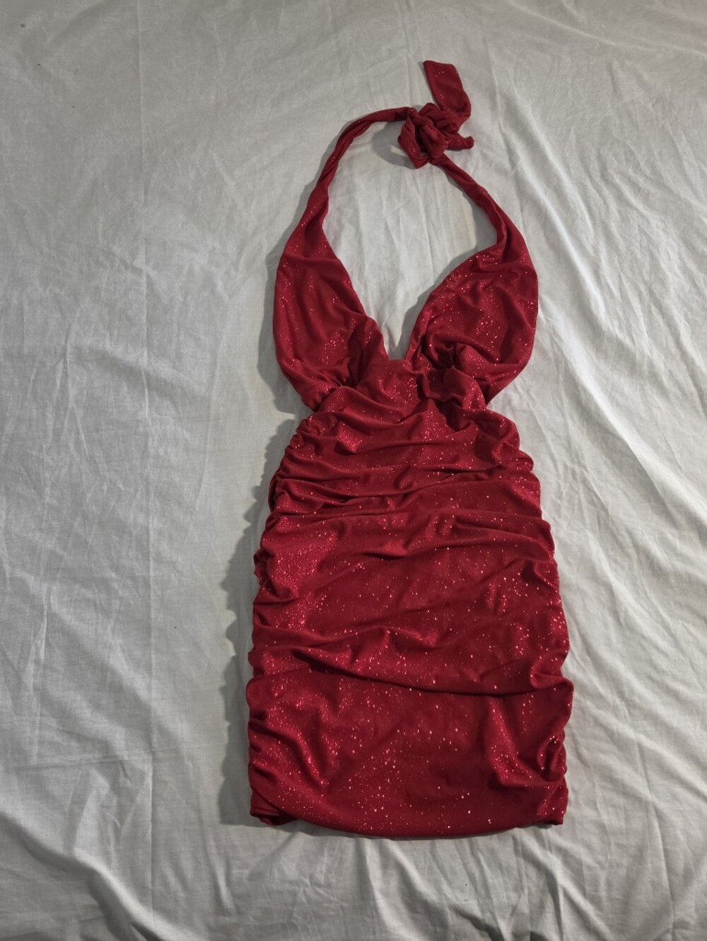 Misty Rose Red Glitter Open Back Ruched Halter Bodycon Mini Dress